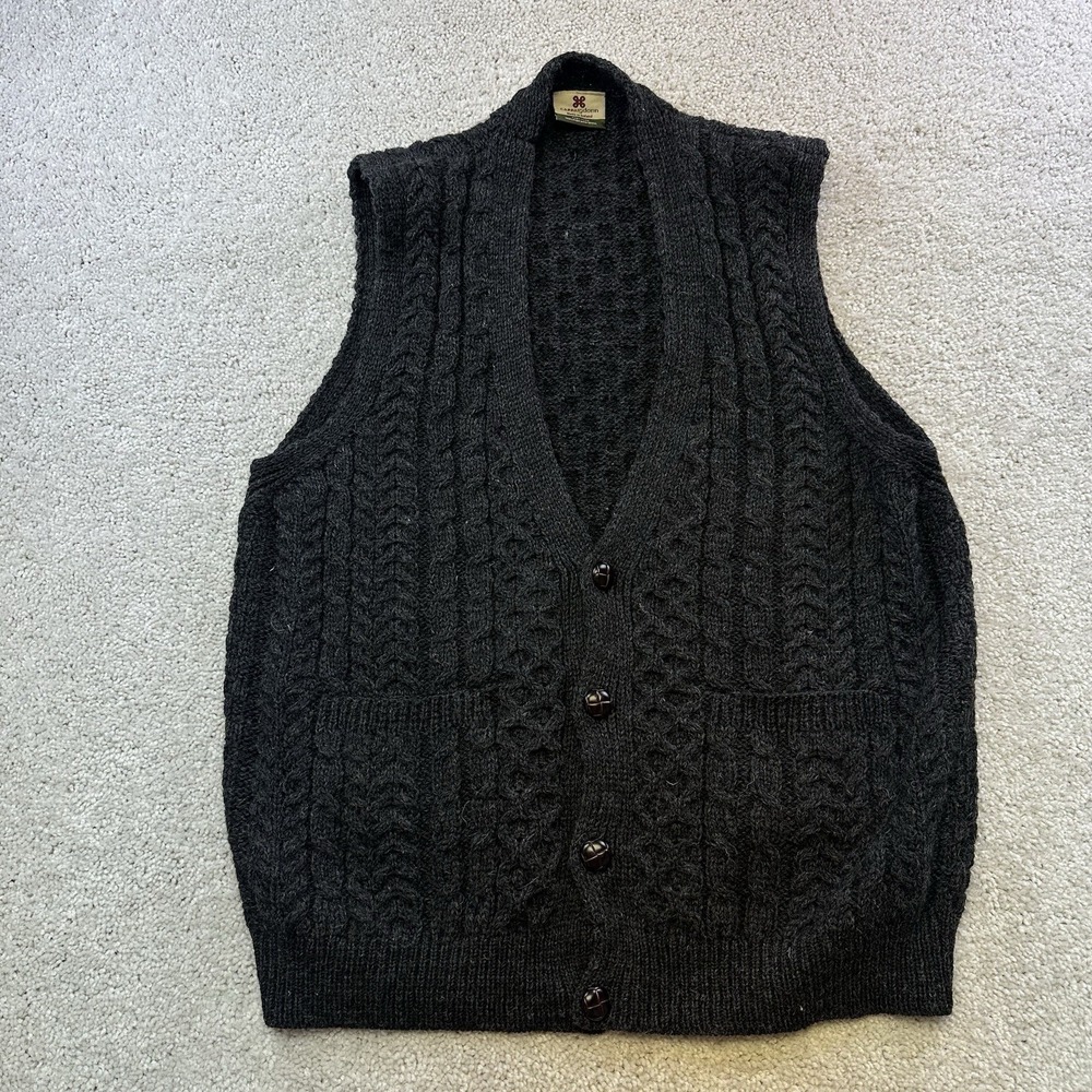 Carraig Donn Sweater Vest Men's XXL Gray 100% Wool Cable Knit Fisherman Ireland
